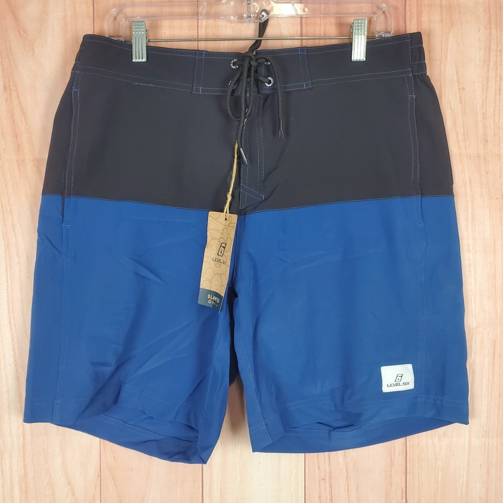 Level Six Cmb Slanted Board Shorts Men 36 Blue Black Logo Stretch Woven Swimwear